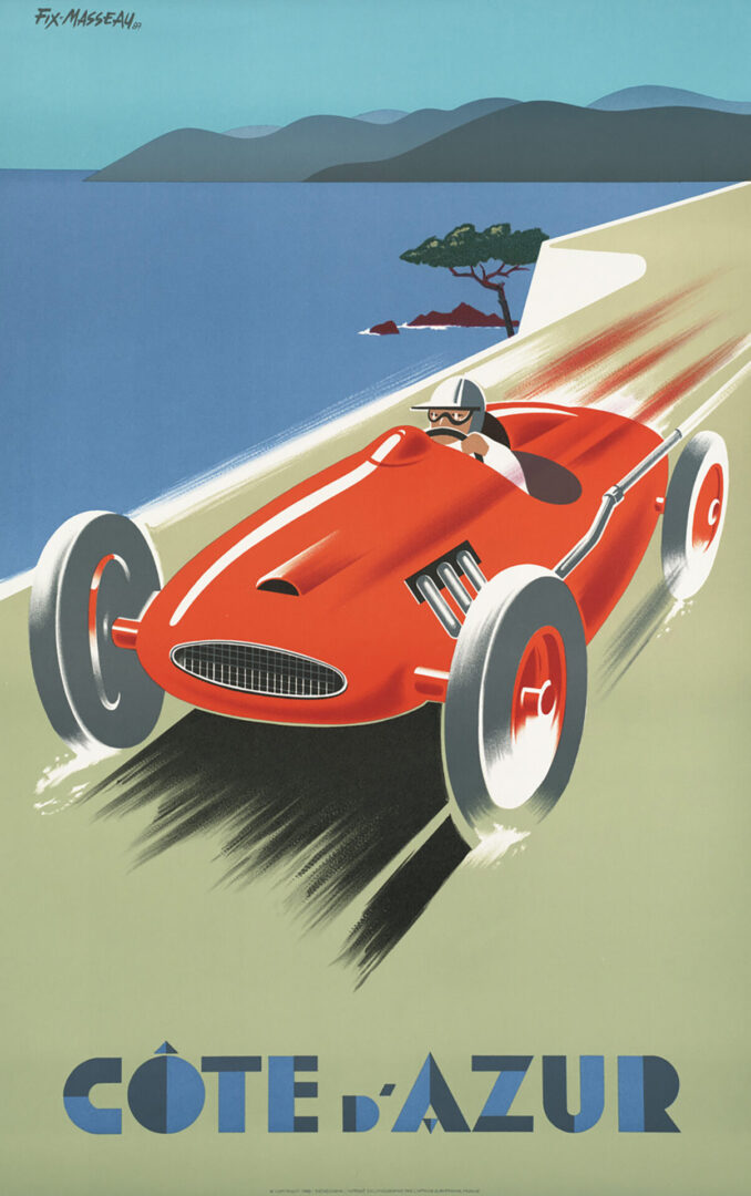A drawing of a man racing in a red sports car
