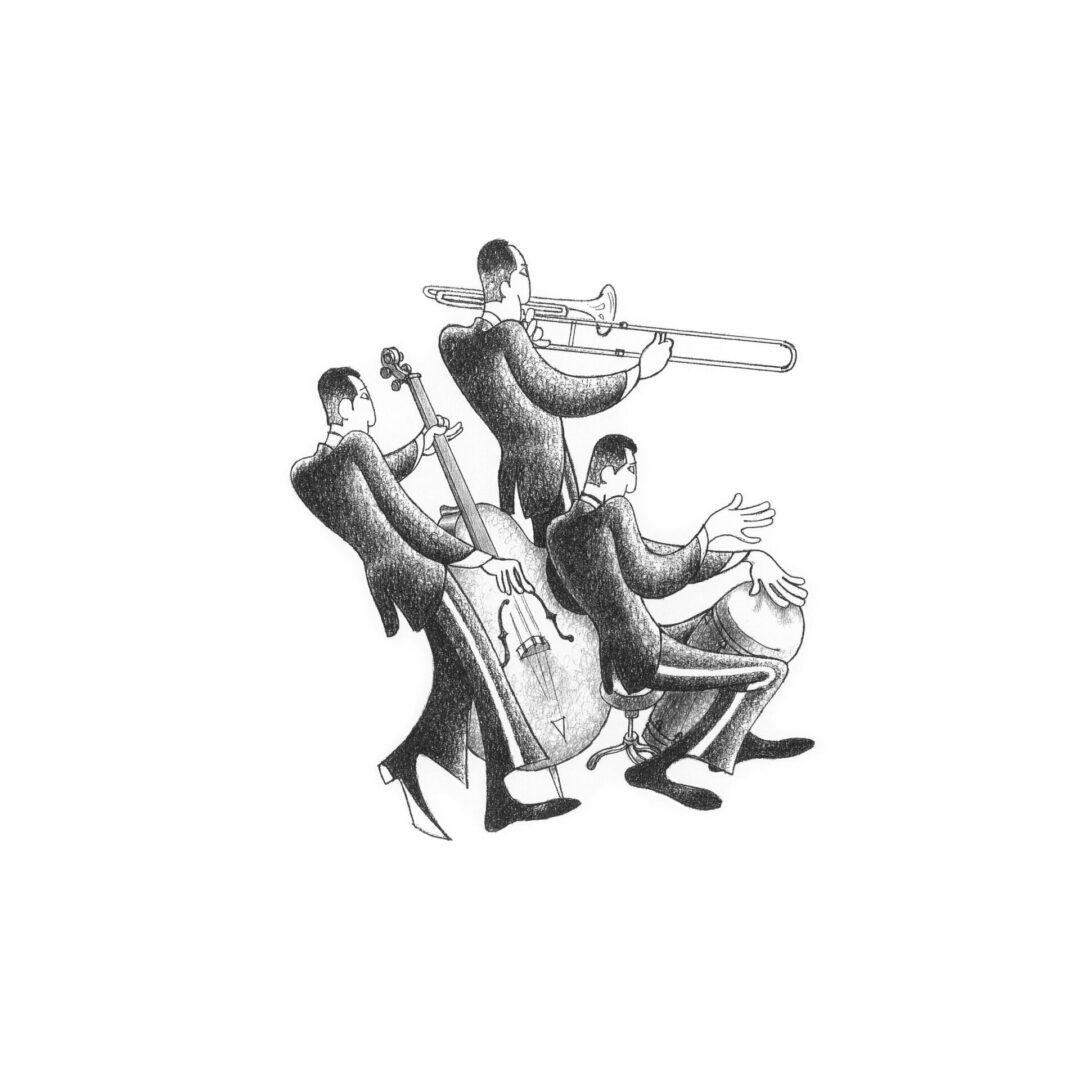 Black and white drawing of a jazz band