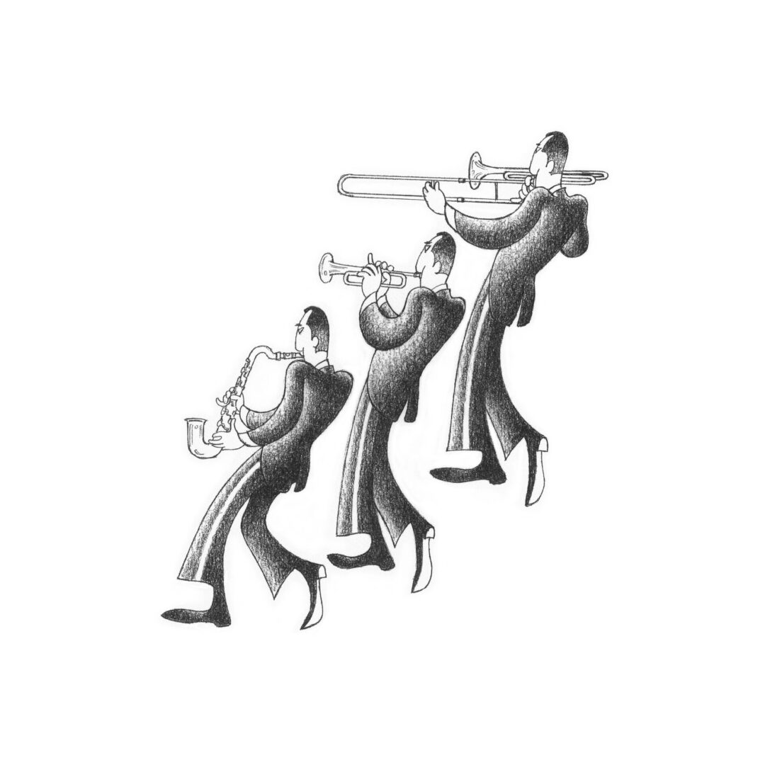 Black and white drawing of a jazz band